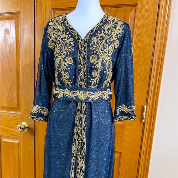 Formal Dress Sizes M & XL Blue Gold Glitter Sparkle Sleeves SULTAN Kaftan Abaya - Picture 7 of 15